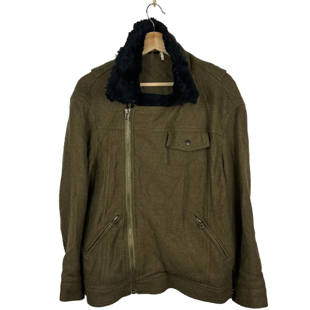 Free People Olive Green Oversized Wool Blend Moto‎ Faux Fur Jacket Size XS